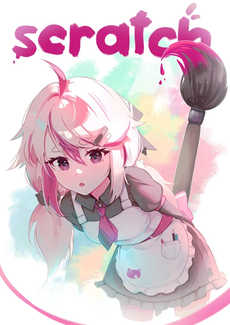 Kat leaning in with a giant paintbrush under a painted Scratch wordmark, by Ayuka