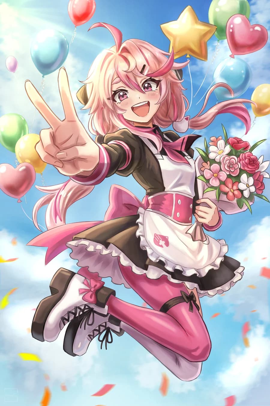 Kat jumping with a peace sign among balloons, holding a bouquet, by Hikarilux