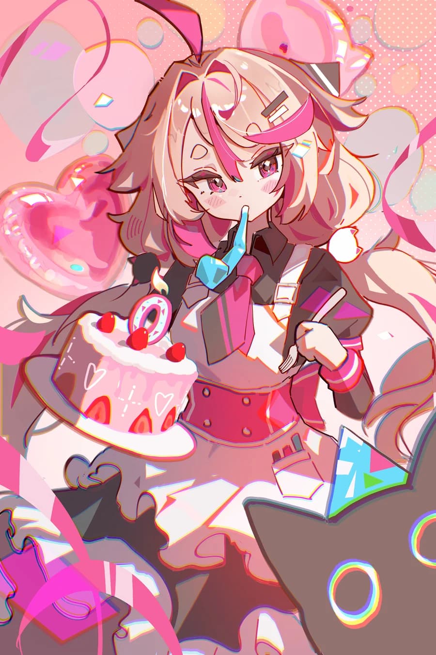 Kat holding a celebration cake with a lit candle, by Samyo