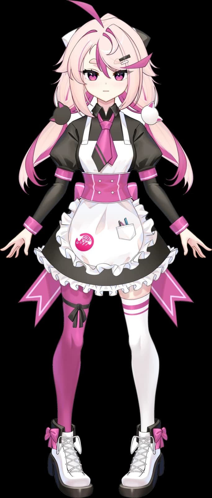 Kat, full-body front view: an artist with blush-pink hair, a black and white outfit, and mismatched stockings