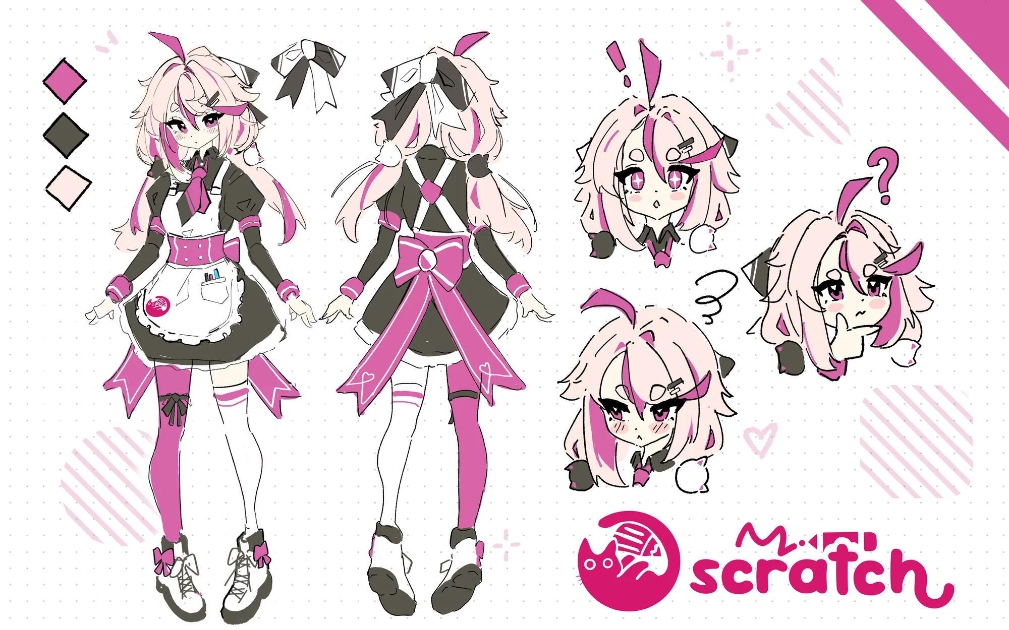 Kat's full reference sheet: front and back views, the hair bow, expressions, and palette